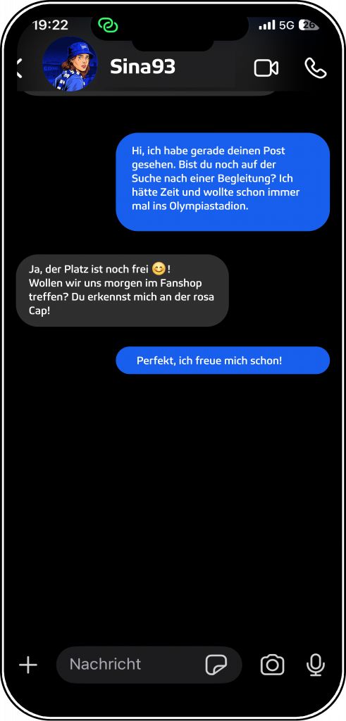Gesprächsverlauf Sina und Du. Ihr verabredet euch im Fanshop.